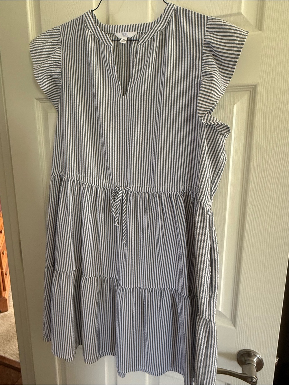 Women Striped Tiered Summer Dress in Gray and White